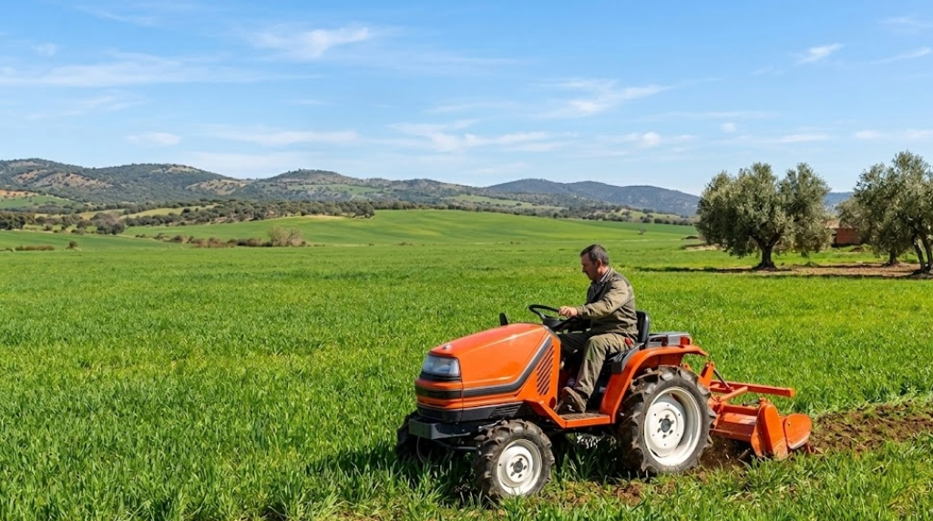 Paisaje agrícola típico del Campo Arañuelo en Extremadura con un minitractor naranja trabajando