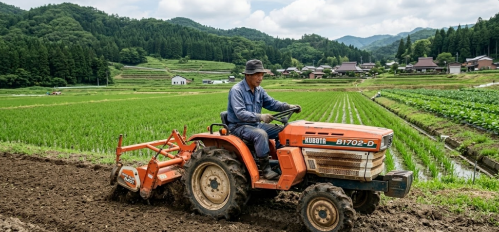 Minitractor japonés trabajando en campo agrícola.