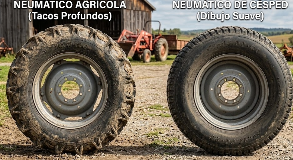 Comparativa visual de dos ruedas de tractor: una con tacos profundos (agrícola) y otra con dibujo suave (césped) puestas una al lado de la otra.