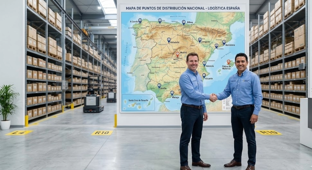 Dos profesionales con camisas corporativas dándose la mano frente a un mapa de España con varios puntos de distribución marcados