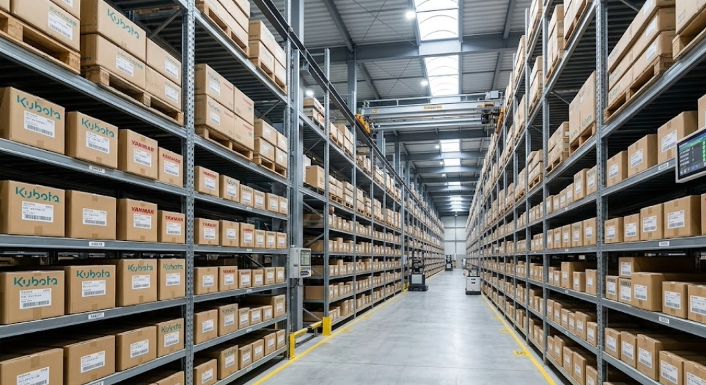 Estanterías infinitas de un almacén moderno llenas de cajas de repuestos con etiquetas de marcas japonesas (Kubota, Yanmar, Iseki).
