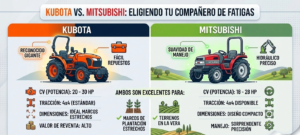 Infografía comparativa con dos tractores frente a frente y sus especificaciones clave (CV, Tracción, Dimensiones).