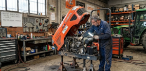 Mecánico revisando un minitractor en taller.