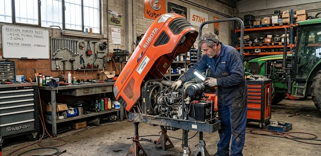 Mecánico revisando un minitractor en taller.