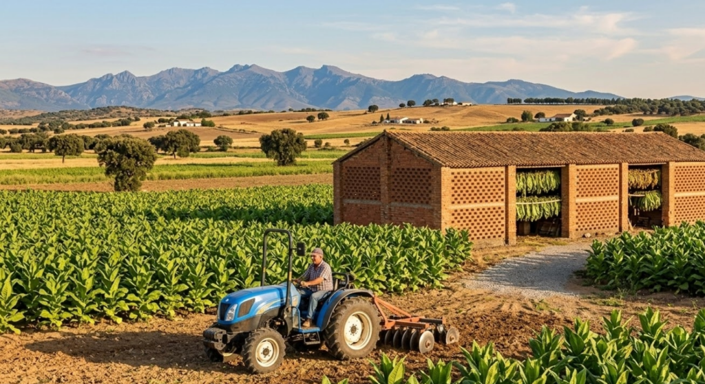 Paisaje agrícola típico del Campo Arañuelo en Extremadura con un minitractor azul trabajando cerca de un secadero de tabaco tradicional de ladrillo.