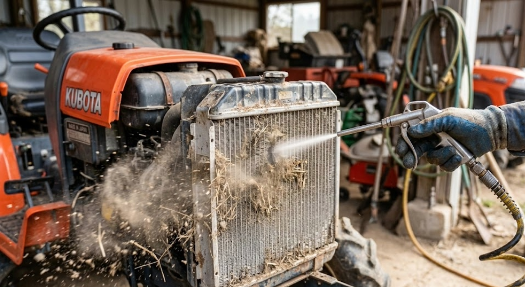 Plano detalle de un radiador de tractor siendo limpiado con aire a presión, resaltando la importancia del mantenimiento preventivo.