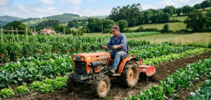 "minitractor peque&ntilde;o trabajando en un huerto agr&iacute;cola, campo verde, agricultor conduciendo, estilo realista, iluminaci&oacute;n natural"