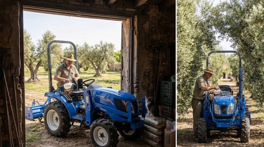 Un agricultor llenando el depósito con una garrafa pequeña, simbolizando el bajo consumo del tractor.