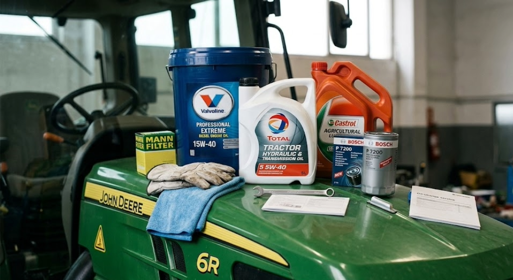 Un bodegón de garrafas de aceite profesional junto a un filtro de aceite nuevo sobre el capó de un tractor, transmitiendo cuidado técnico.