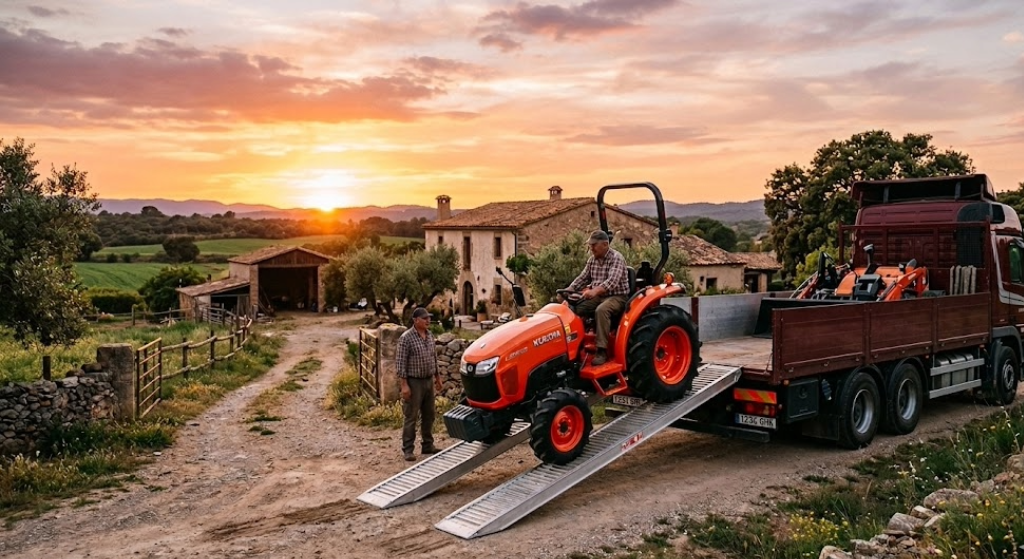 Un camión de transporte de plataforma descargando un minitractor impecable en una finca rústica al atardecer.