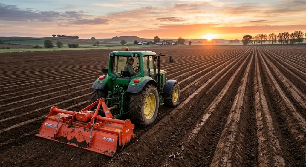 Un campo recién labrado con hileras perfectas de tierra marrón, con un tractor y un rotavator en primer plano bajo la luz del amanecer.