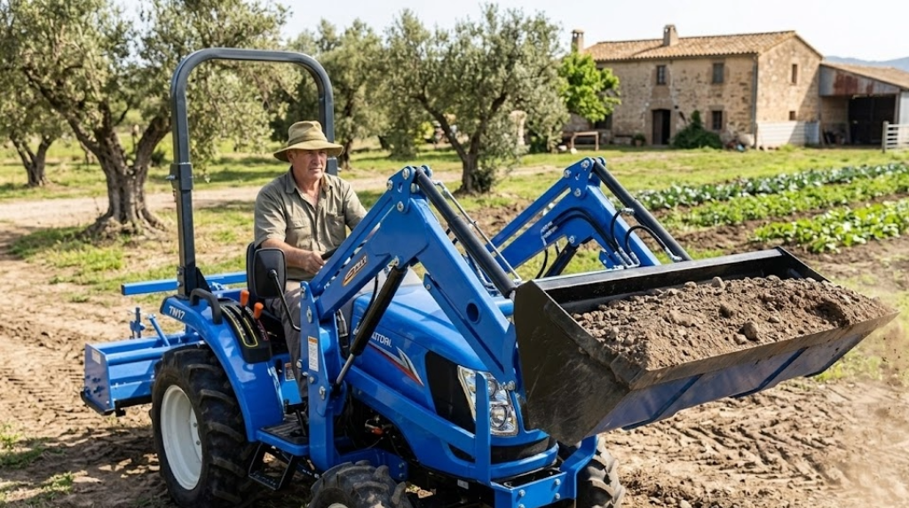 Un minitractor con la pala cargadora elevada a media altura, mostrando su capacidad de carga en un entorno de finca.