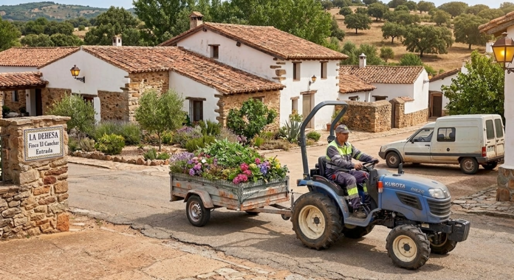 Un minitractor con un pequeño remolque de basura orgánica circulando por una calle limpia de una urbanización con jardines cuidados.