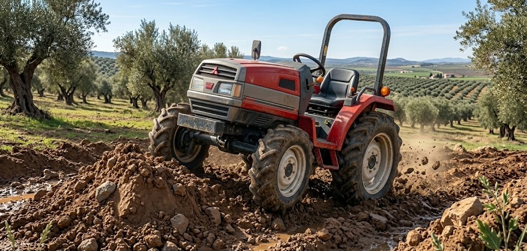 Un minitractor superando un montículo de tierra con las cuatro ruedas activas, mostrando su capacidad todoterreno.