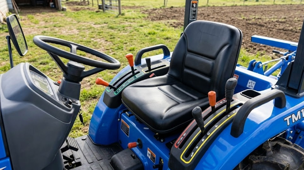 Un plano medio de un Iseki TM17 resaltando la zona del asiento y las palancas de control ergonómicas.