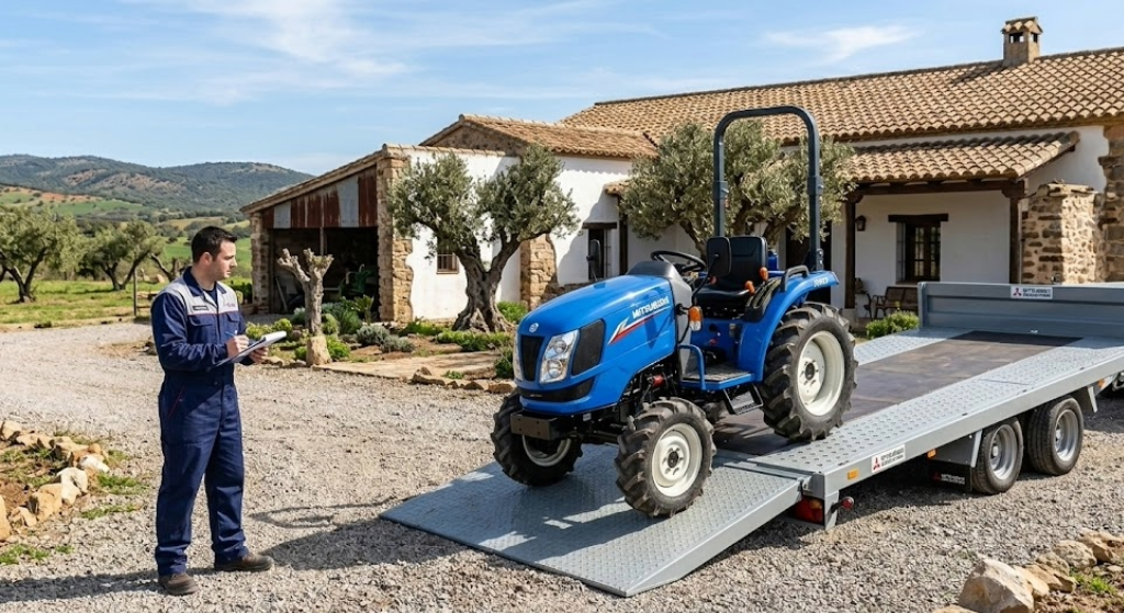 Un remolque moderno descargando un minitractor Mitsubishi impecable frente a una casa de campo rústica. Un operario con uniforme profesional supervisa la maniobra.