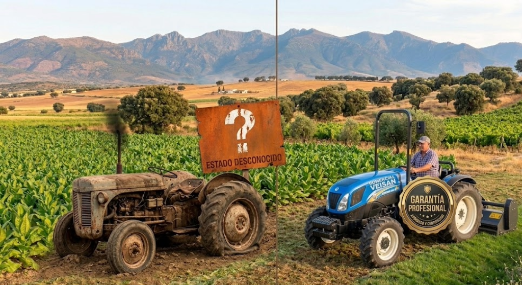 Una comparación visual: a un lado un tractor viejo y sucio con un signo de interrogación, al otro lado un tractor de Comercial Veisan brillante con un sello de "Garantía Profesional".