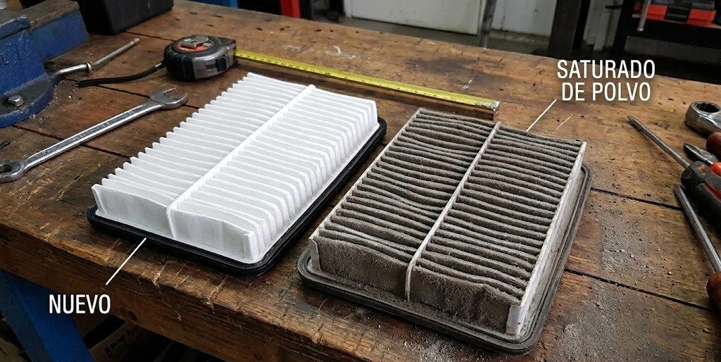 Una comparativa visual entre un filtro de aire nuevo y uno saturado de polvo sobre un banco de trabajo.