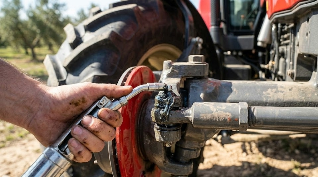 Una mano con una bomba de grasa aplicando lubricante en un punto de engrase (alemite) de la dirección del tractor.