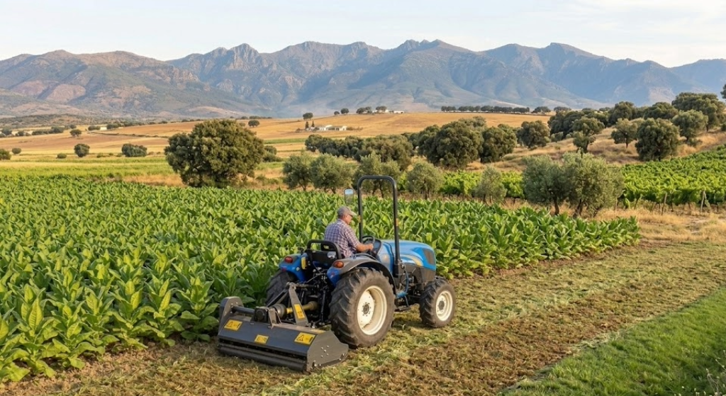 Un minitractor equipado con una desbrozadora limpiando el arcén de un camino rural cuidado