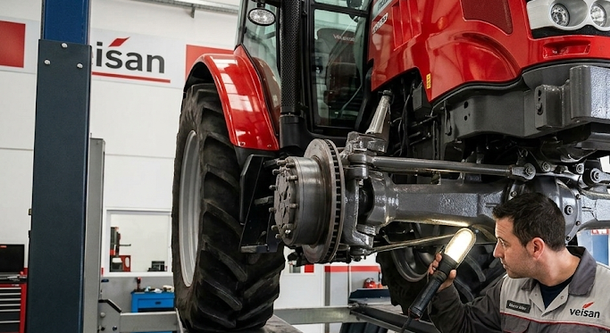 Has dicho
Un técnico de Veisan con un cuaderno de notas revisando el tren delantero de un tractor bajo un elevador.