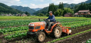 minitractor japon&eacute;s en campo agr&iacute;cola, estilo realista, maquinaria agr&iacute;cola compacta