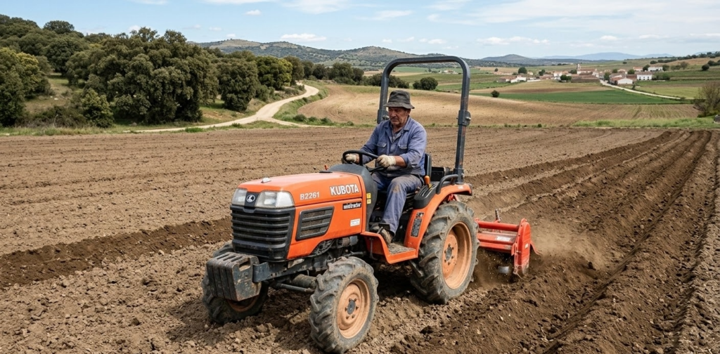 minitractor arando campo recién preparado