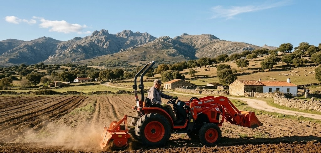 minitractor compacto trabajando en campo con montañas al fondo, paisaje rural de Extremadura