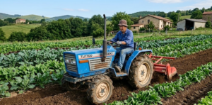 minitractor compacto trabajando entre cultivos en finca rural