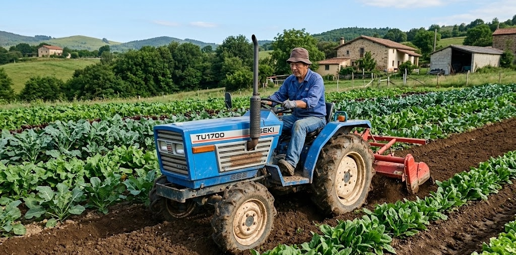 minitractor compacto trabajando entre cultivos en finca rural