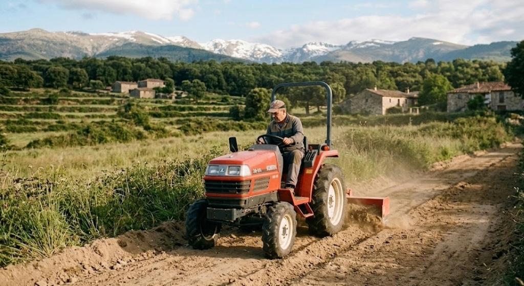 minitractor nivelando camino rural de tierra