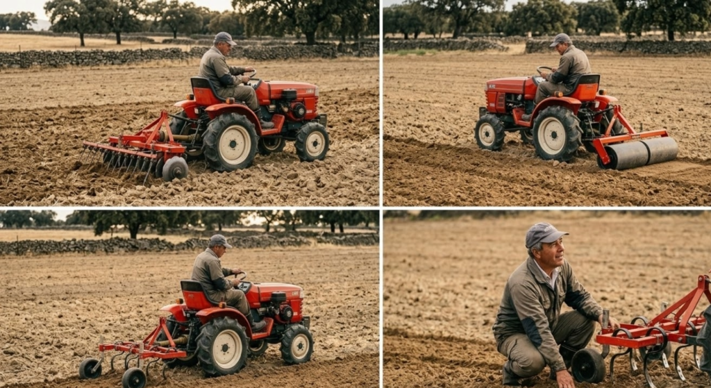 minitractor preparando terreno agrícola antes de la siembra