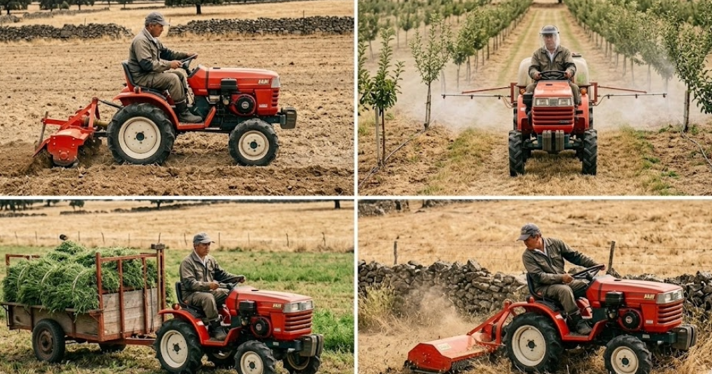 minitractor realizando diferentes trabajos agrícolas en campo