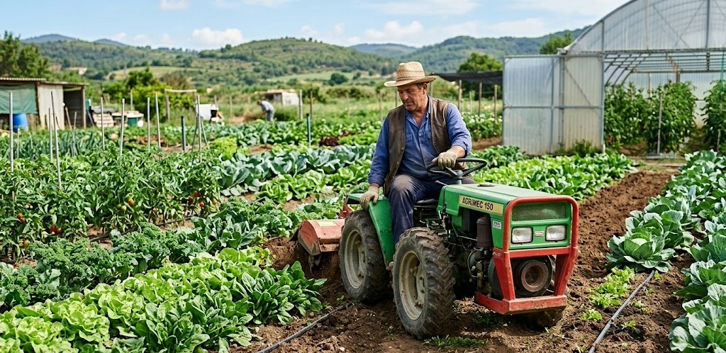 minitractor trabajando entre cultivos de huerto, vegetales verdes, agricultor trabajando