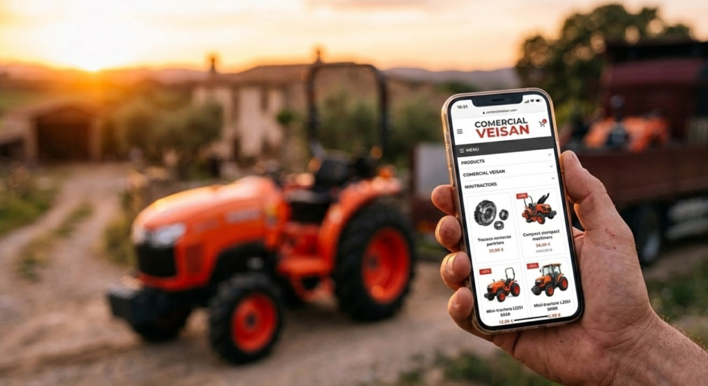 na mano sosteniendo un smartphone donde se ve la tienda online de Comercial Veisan, con un minitractor de fondo desenfocado.